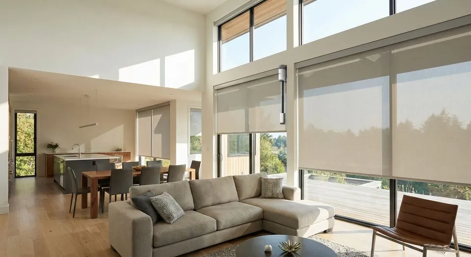 Motorized shades for open-concept great rooms