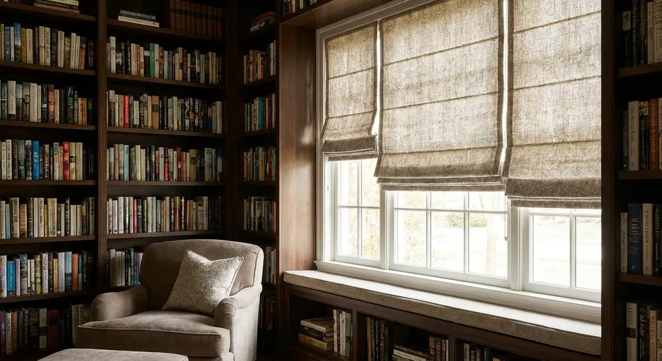 Custom Roman shades for home libraries