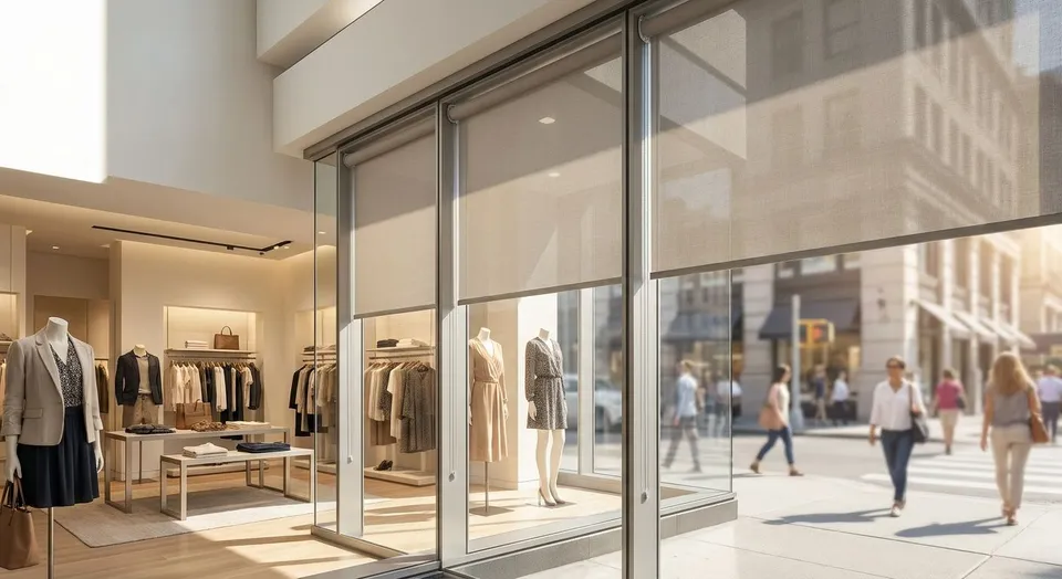 Commercial window treatments for retail storefronts