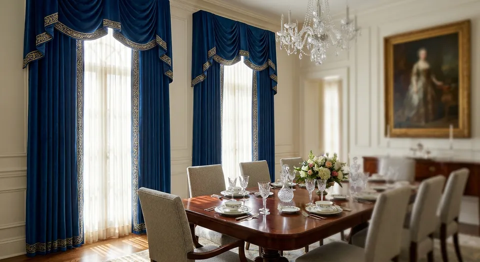 Custom drapery for formal dining rooms
