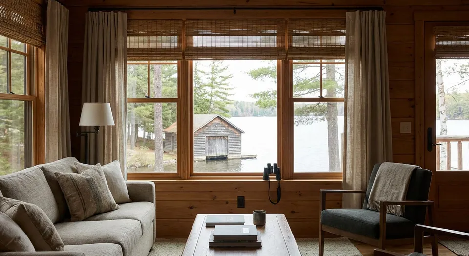 Window treatments for lake cabin and boathouse windows