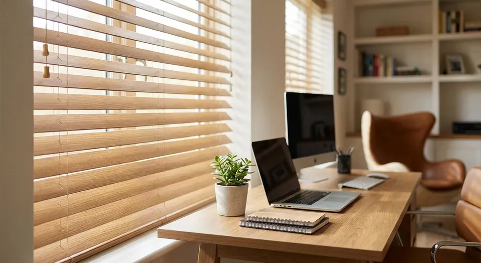 Faux wood blinds for offices and home workspaces