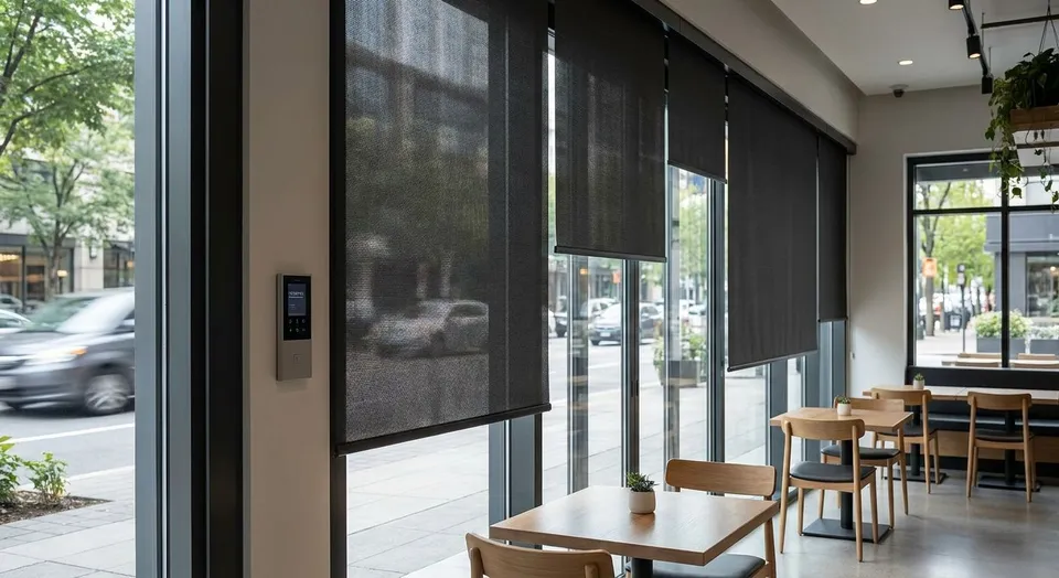Motorized vertical blinds for commercial storefronts