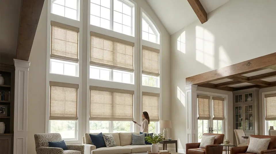 Motorized shades for vaulted living room windows