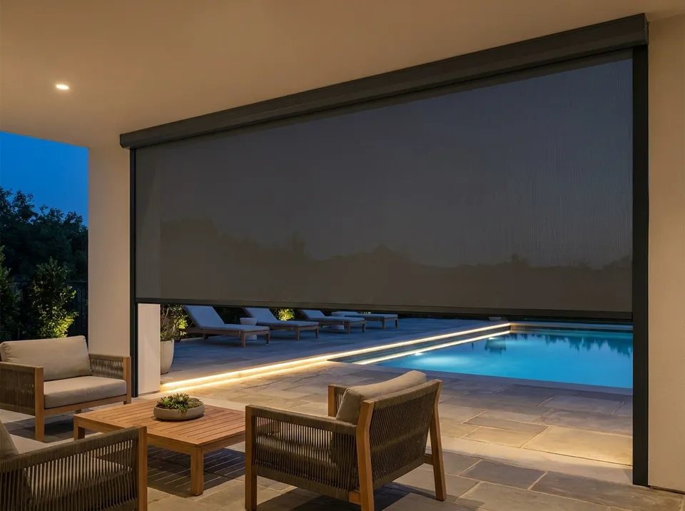 Outdoor patio shades enclosing a patio