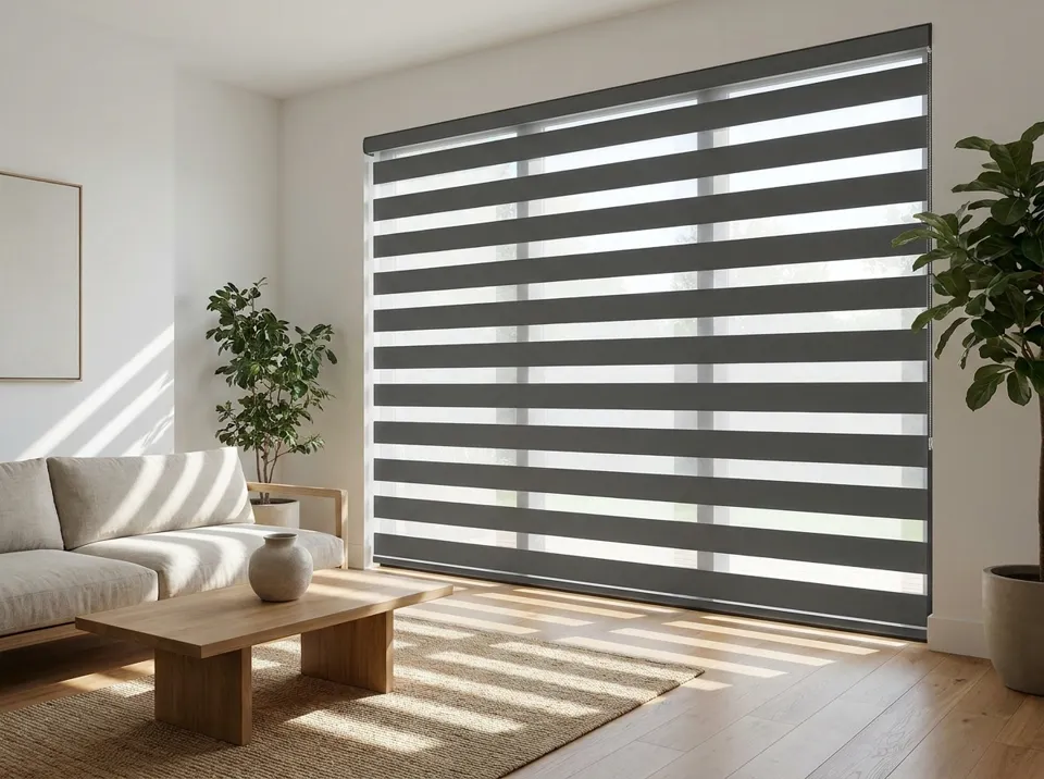 Zebra shades with alternating sheer and solid bands